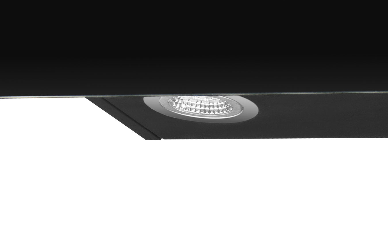 Kaminhaube, Stripe X, 80 cm, Schwarzer Glasschirm, Edelstahlstreifen Kaminhaube, Stripe X, 80 cm, Schwarzer Glasschirm, Edelstahlstreifen