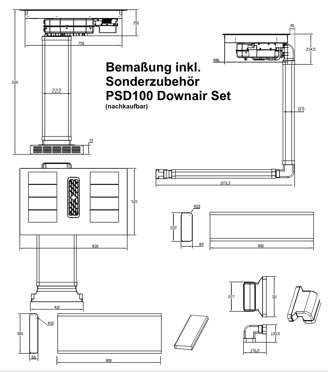 Autarker Muldenlüfter, 80 cm, rahmenlos, 4 Induktionszonen - 2 Bridges, max Gebläseleistung 598m³-h, EEK A, inkl. Kohlefilter, Adapter