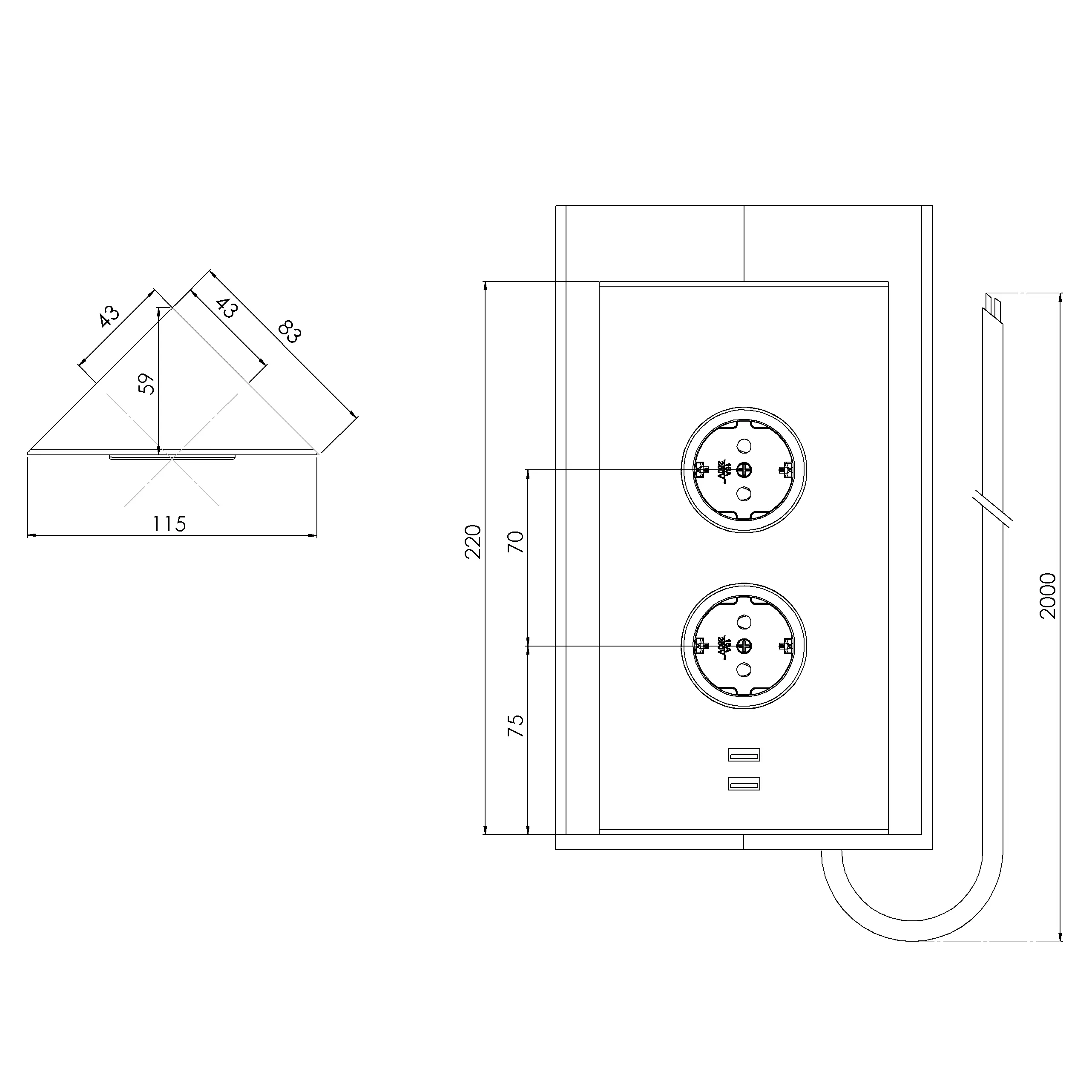 CARESSI 2ST22/USB Energie-Ecksäule, schwarz