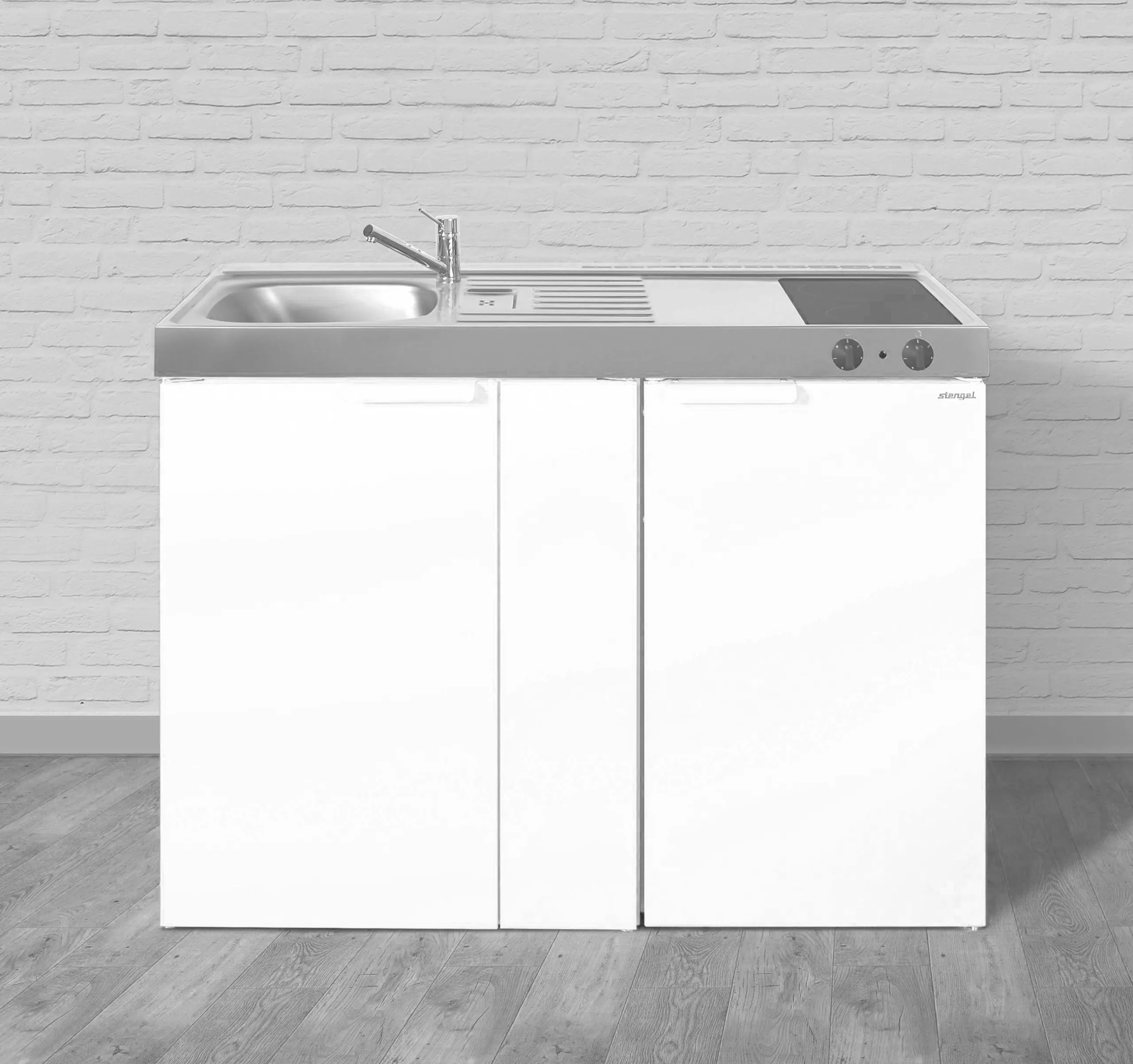 Metall-Pantryküche, 120er, Spüle links und Glaskeramik-Kochfeld